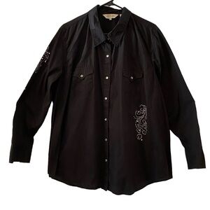 Roper women plus size 2x Black rhinestone embellished pearl snap western shirt